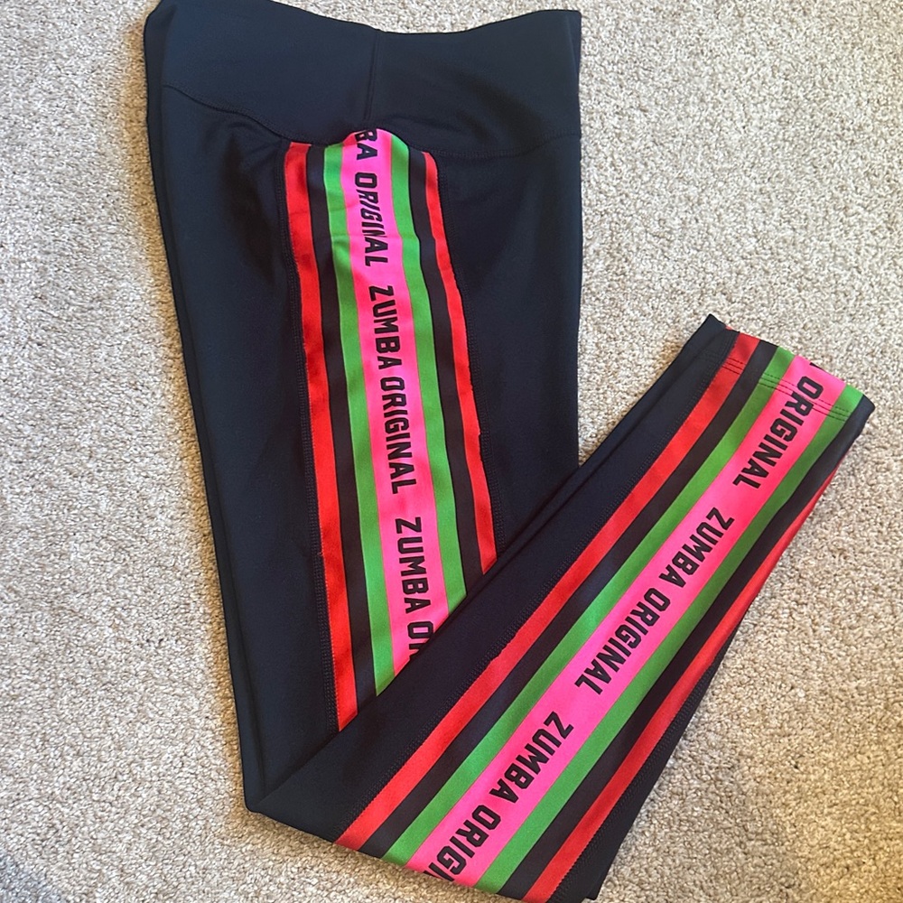 Zumba Fitness Black Leggings with Red and Green Stripes NWOT